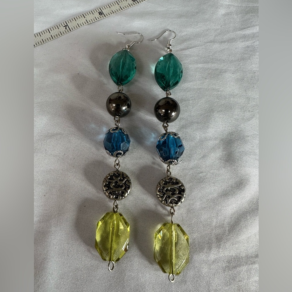 Vintage long green blue silver beaded earrings